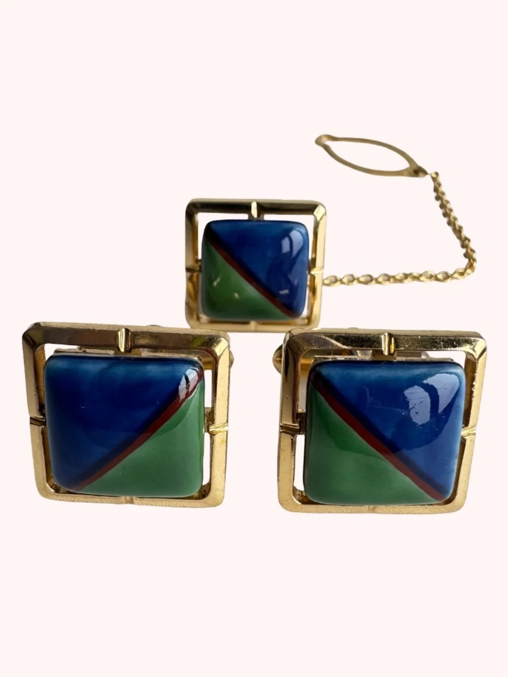 Vintage Gen Marked Cufflinks Tie Tack Blue Green Porcelain Gold Tone Square Gift